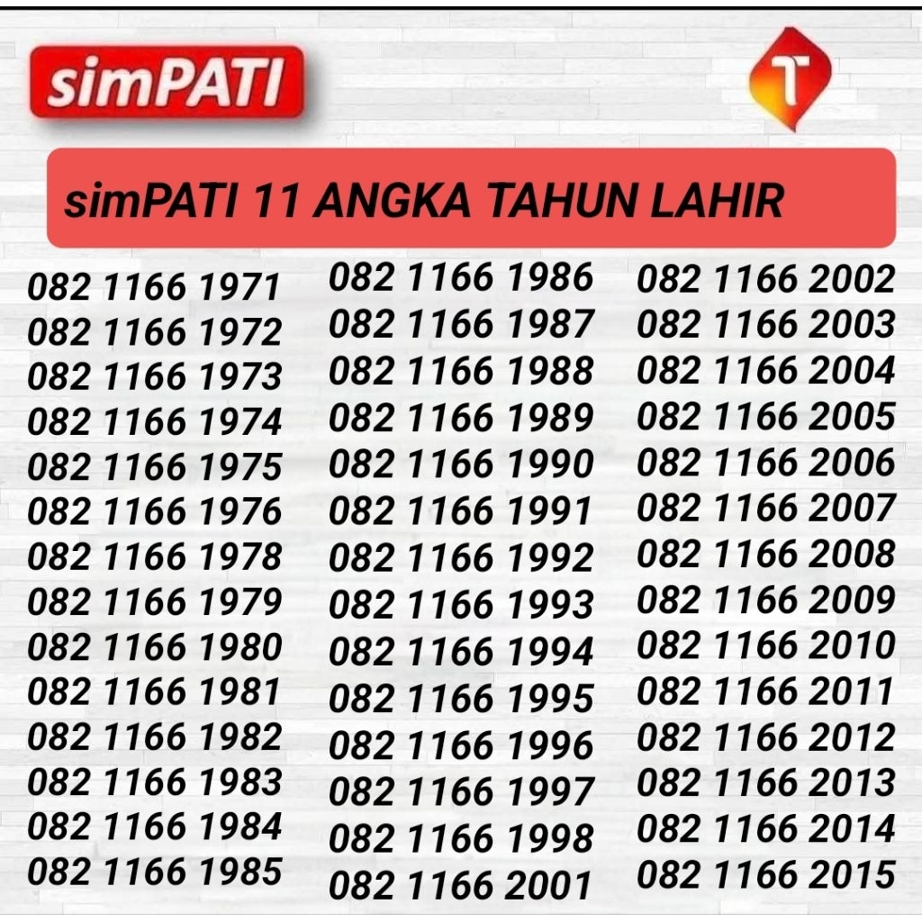 NOMOR CANTIK TELKOMSEL SERI TAHUN 11 DIGIT - NOMOR CANTIK SIMPATI 11 DIGIT TAHUN LAHIR  082 1166 tah