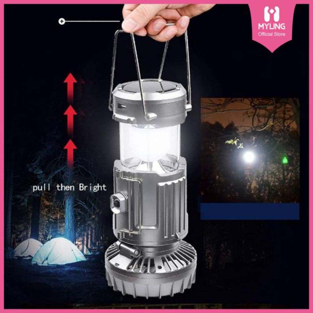 Lampu Kipas Turbo 2in1 Emergency LED Lentera Gantung Tarik Camping Tenaga Surya & Rechargeable / Len