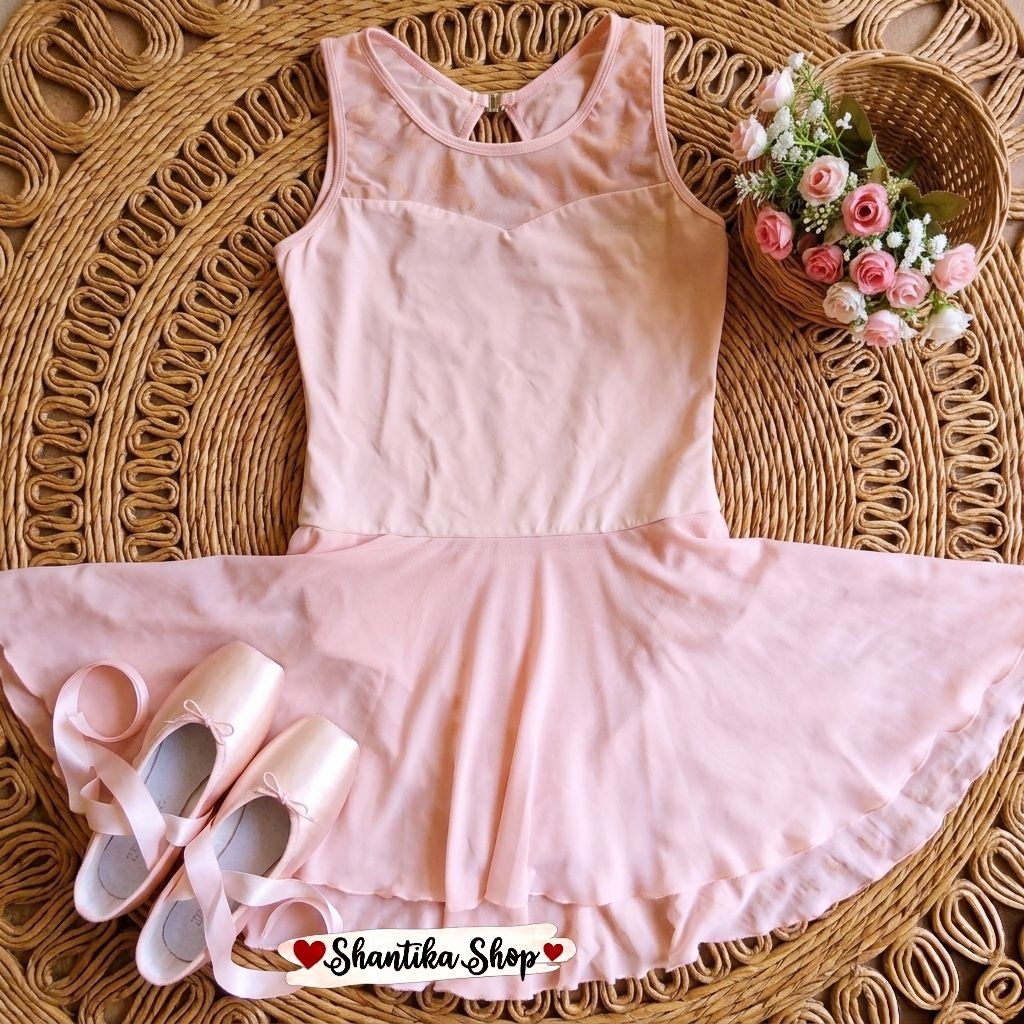 New Tag | Leotard Balet Kombinasi Brukat Tile – Baju Balet Peach Elegant Anak Perempuan 7-9 Tahun