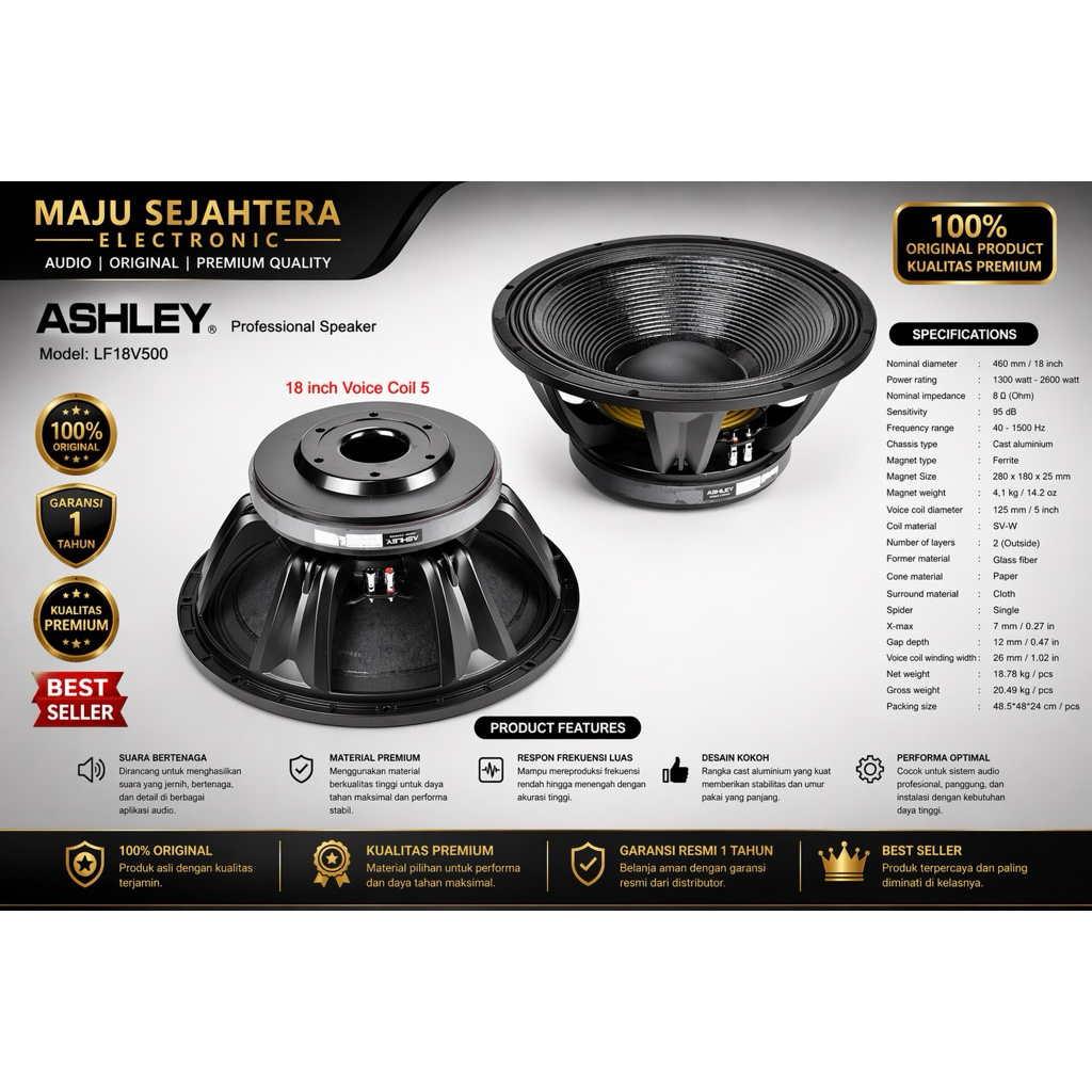 SPEAKER KOMPONEN 18 INCH ASHLEY 18INCH VOICE COIL 5INCH LF18V500 LF18 V500 ORIGINAL