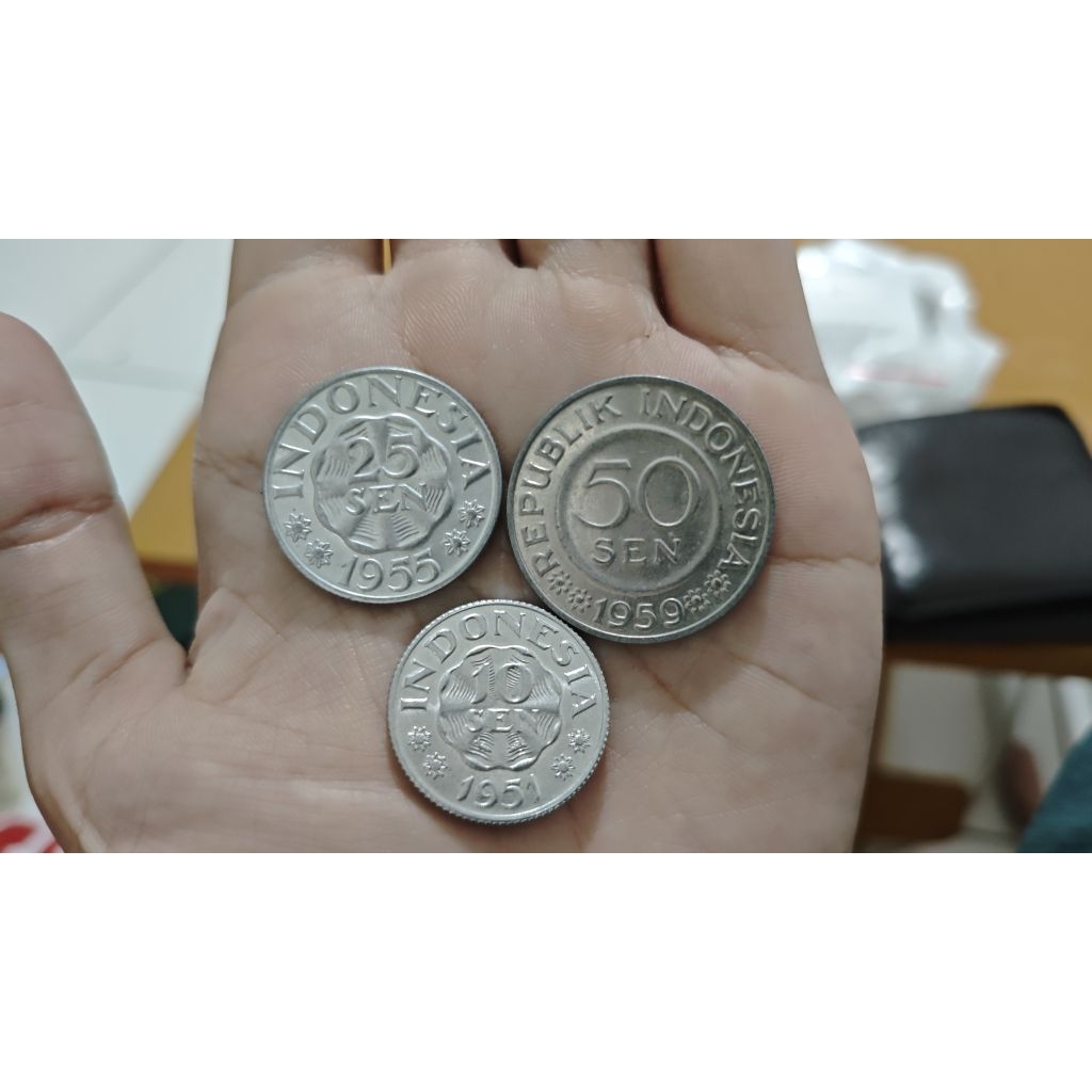 Set Koin Kuno Indonesia Seri Sen (10, 25, 50 Sen) Tahun 1951-1955-1959 Original