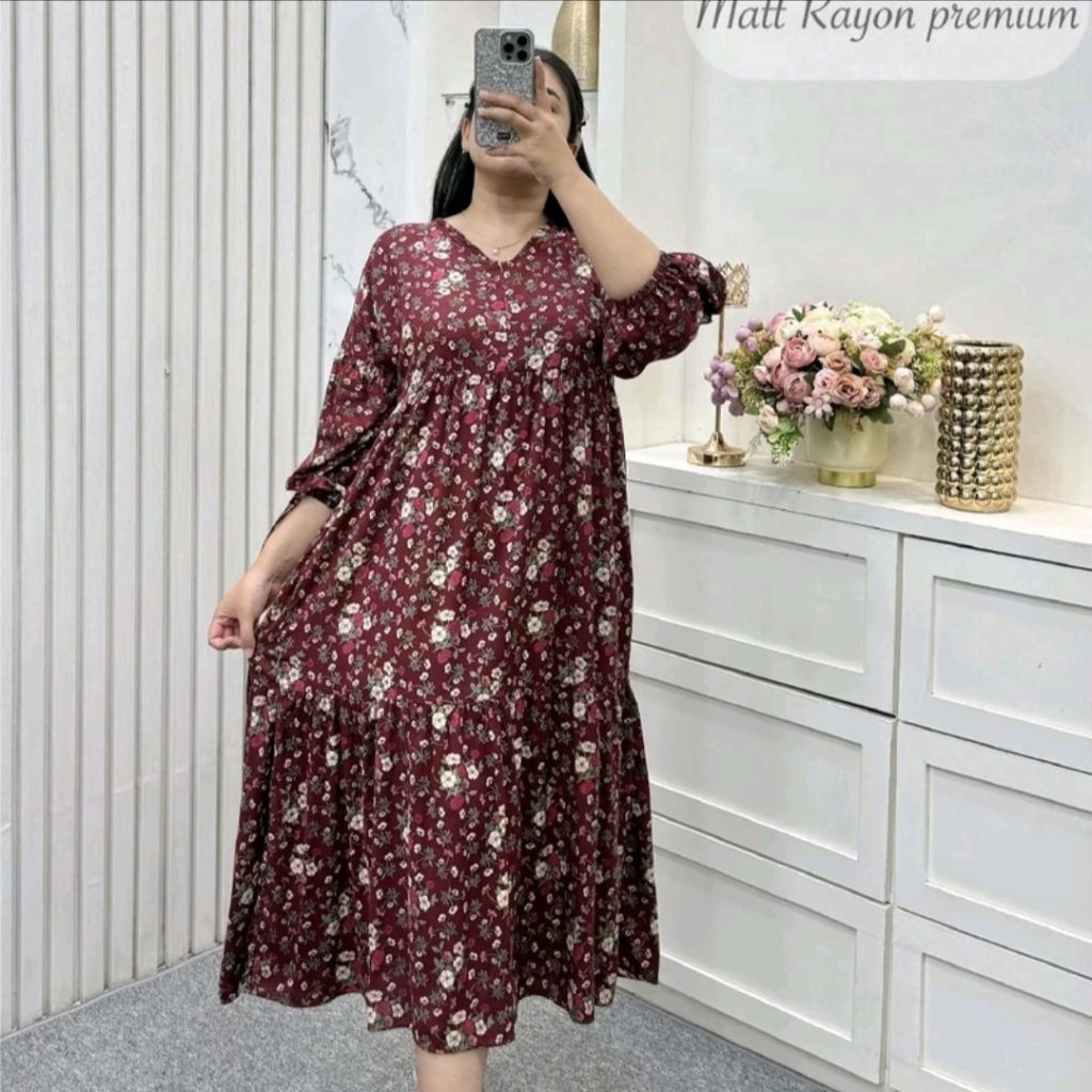 Lidiya Midi Dres Wanita Cantik Motif Bunga Jumbo Kekinian
