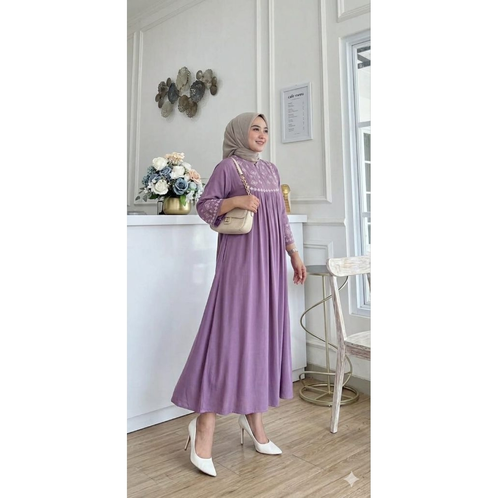 gamis midi rayon bordir jumbo - aluna midi dress - rayon twill premium - gamis lebaran busui polos m
