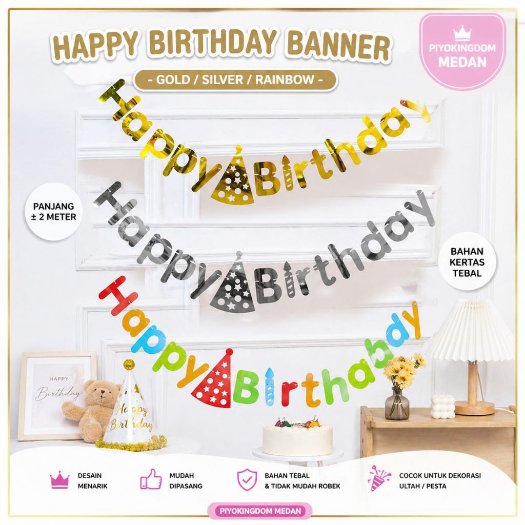 Banner Happy Birthday Topi | Banner Ulang Tahun Murah | Dekorasi Ultah Anak & Dewasa