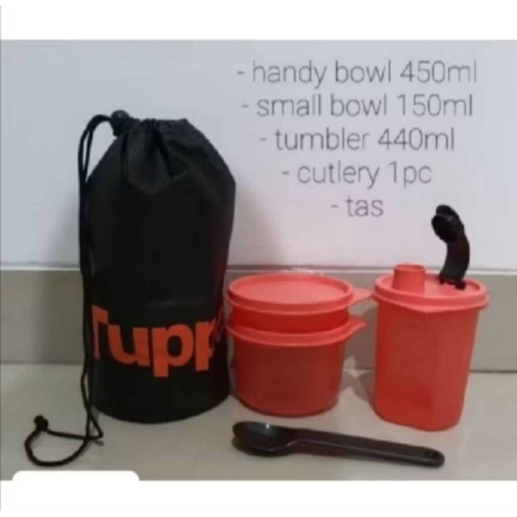 bekal set orange hitam, bowl ±450ml + small bowl ±150ml + sendok hitam + tumbler ±440ml + tas hitam.
