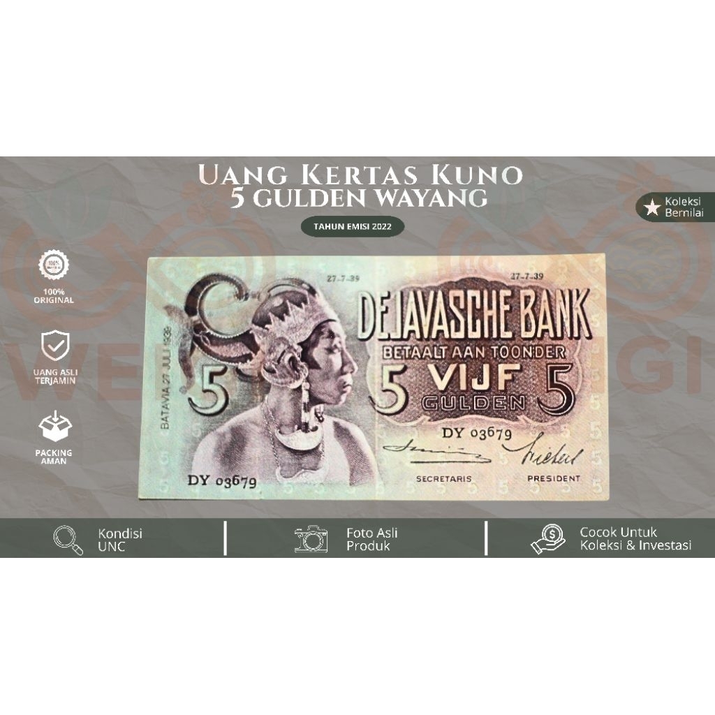 Uang Kuno 5 Gulden Wayang Seri De Javasche Bank - Koleksi Klasik Kondisi XF