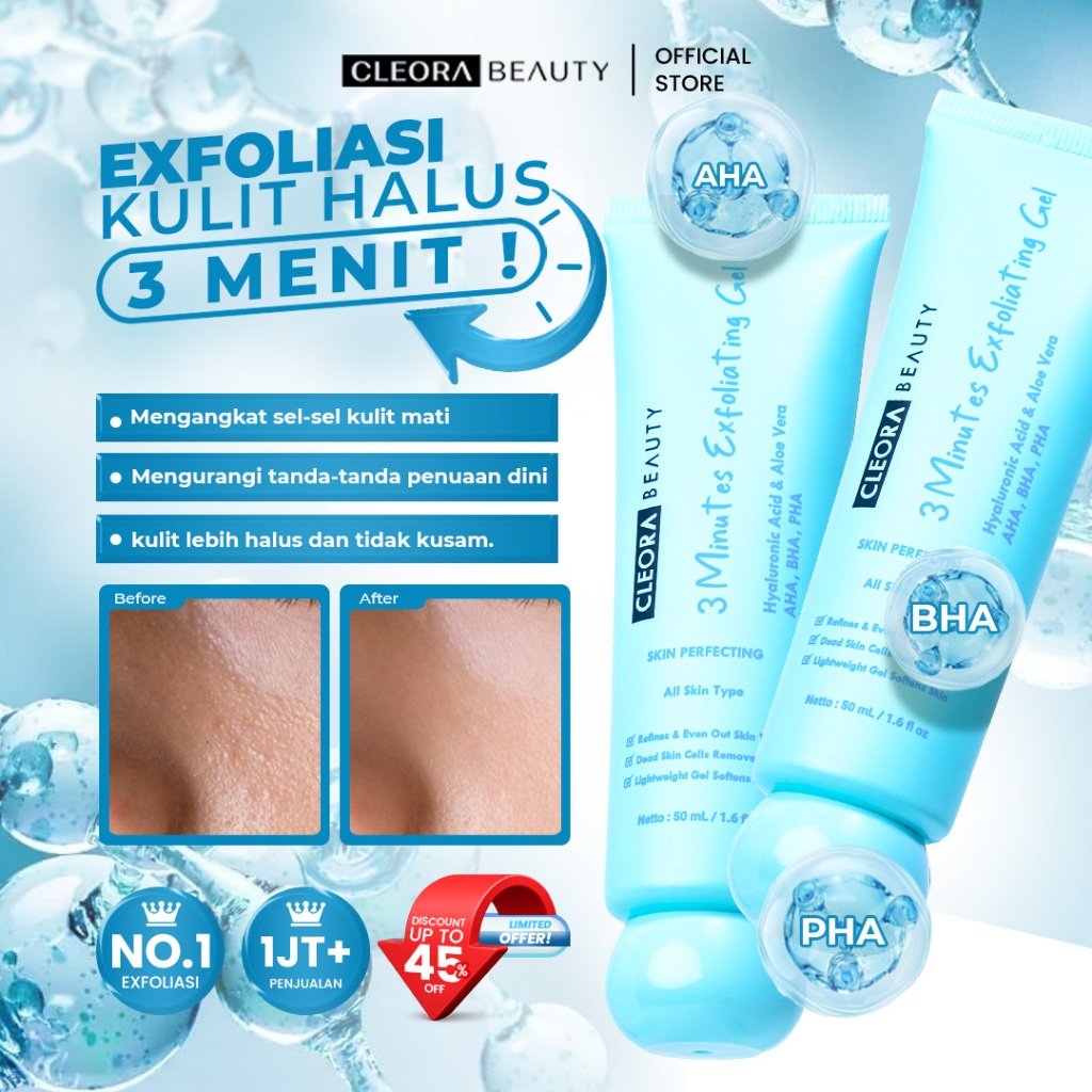 CLEORA BEAUTY - Paket 2PCS 3 Minutes Exfoliating Gel 50g AHA BHA PHA Hyaluronic Acid Aloe Vera Eksfo