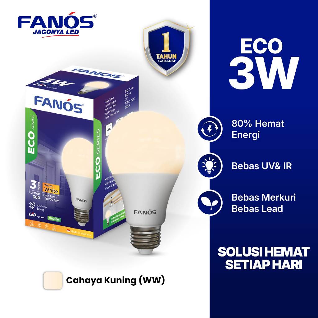 Fanos Eco 3W Cahaya Kuning Warm White Lampu LED Bohlam Bergaransi