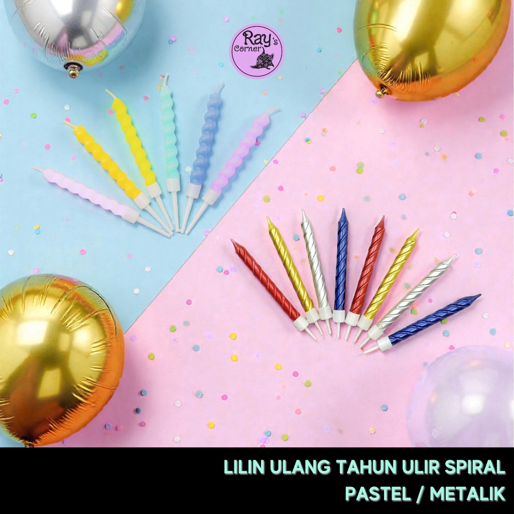 Set 6 Pcs / 8 Pcs | 7563-24-28 Lilin Ulang Tahun Spiral Ulir Warna Pastel Solid Metalik Dekorasi Tus
