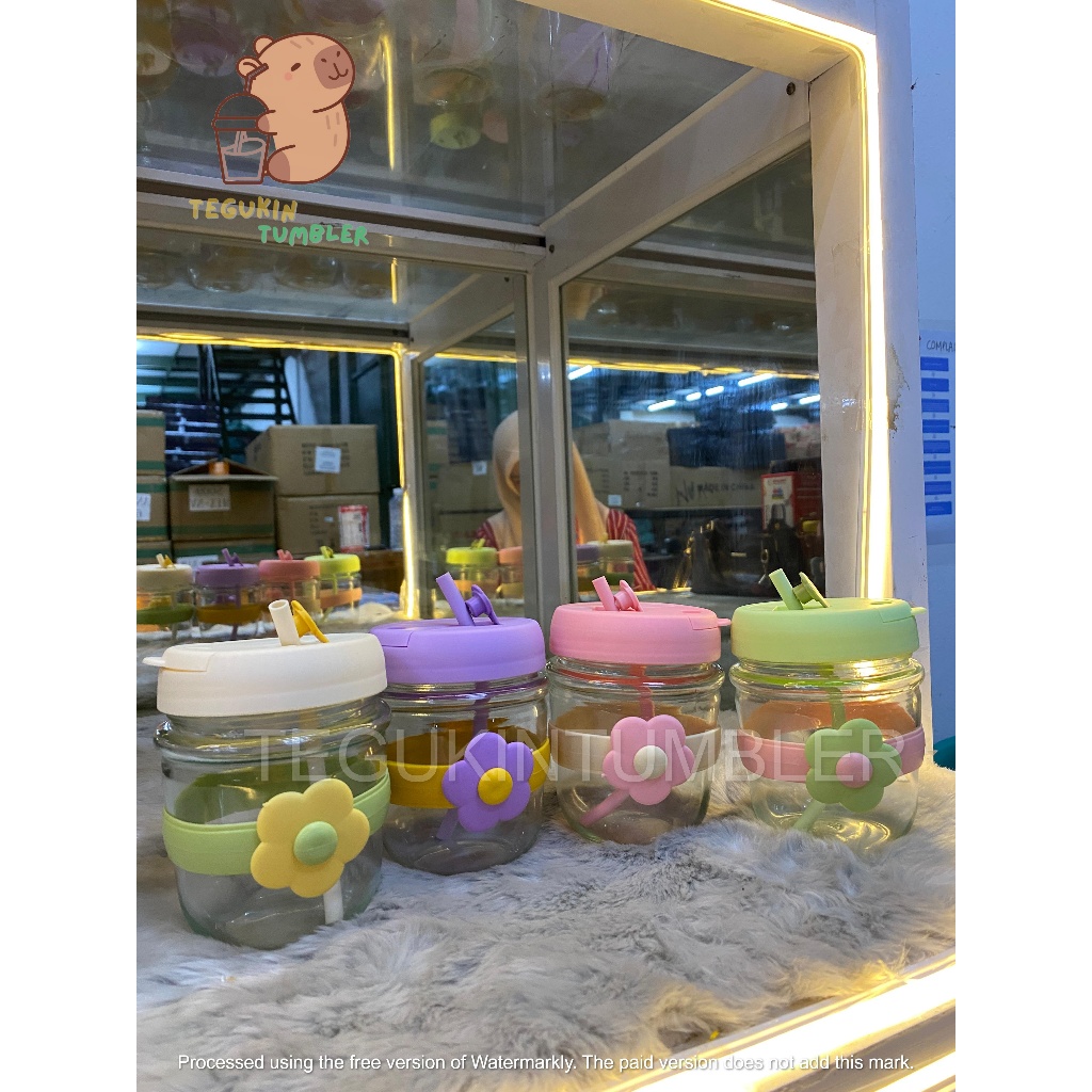 BOTOL MATCHA KACA BUNGA MINI  300 ML Dengan Sedotan KIYOWO
