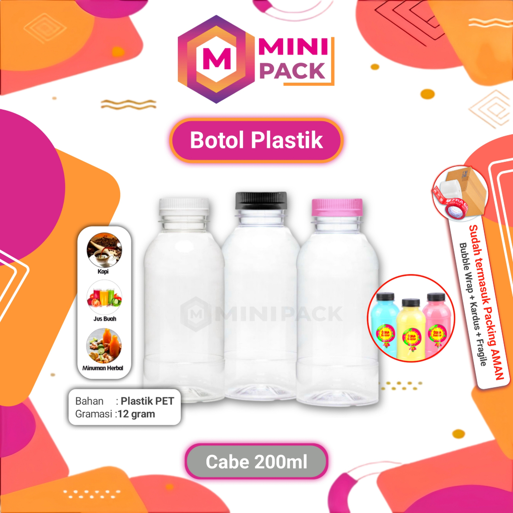 Botol Cabe 200 ml + Tutup Plastik Transparan Puding Jus Susu Segar Kedelai Jamu Sirup 200ml 200 ml K