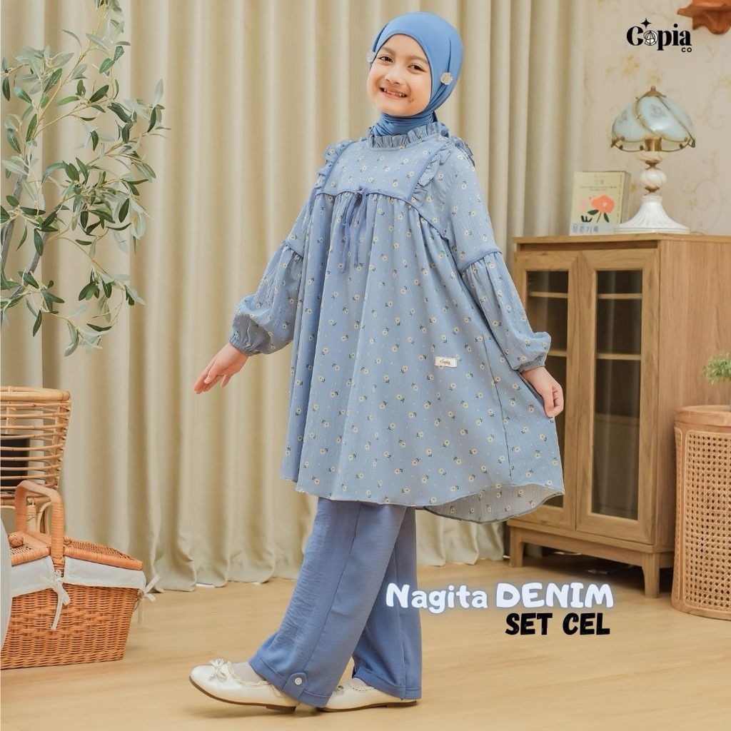 Copiaco - Nagita Setelan Long Tunik Set Celana Anak Perempuan Umur 3-12 Tahun Denim