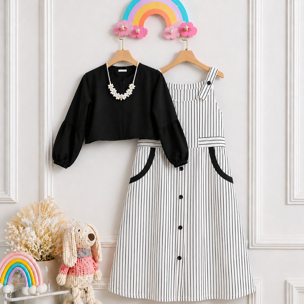 BAJU ANAK PEREMPUAN DRESS ANAK 5-13THN TERBARU 2025-Evelyn set kids crinckle combi katun salur kekin