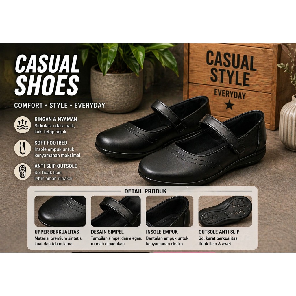 Jolie Ashley Paskib Sepatu Pantofel Sepatu Anak Perempuan Hitam Formal Mary Jane Slip On Sekolah SD 