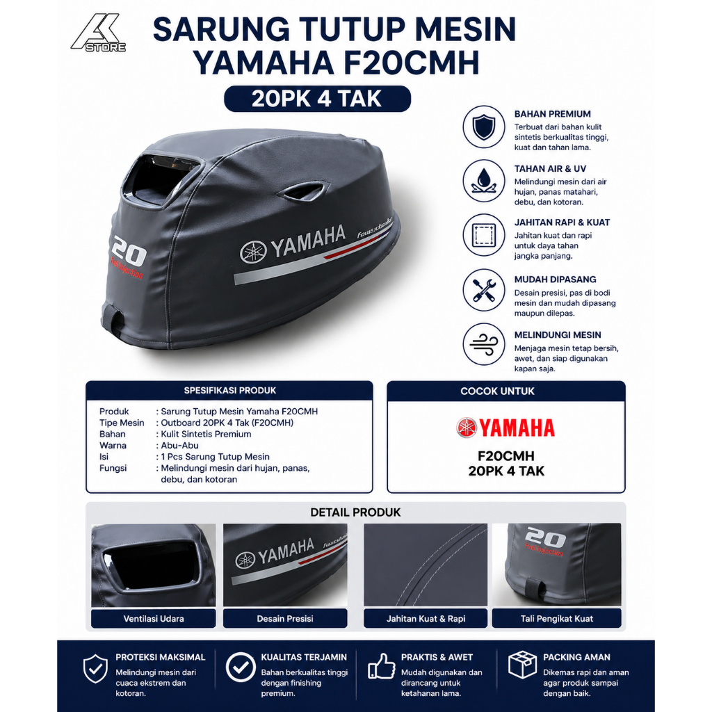 COVER TUTUP MESIN TEMPEL YAMAHA 20PK 4TAK | Sarung tutup Mesin Tempel Yamaha 20PK 4Tak