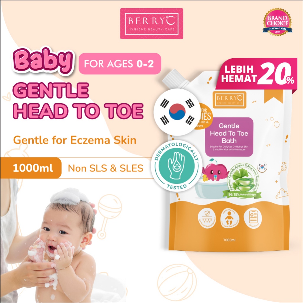 BerryC Gentle Head to Toe Wash 1L Baby - Tanpa SLS/SLES - Sabun Mandi Shampo Kulit Sensitif Eksim