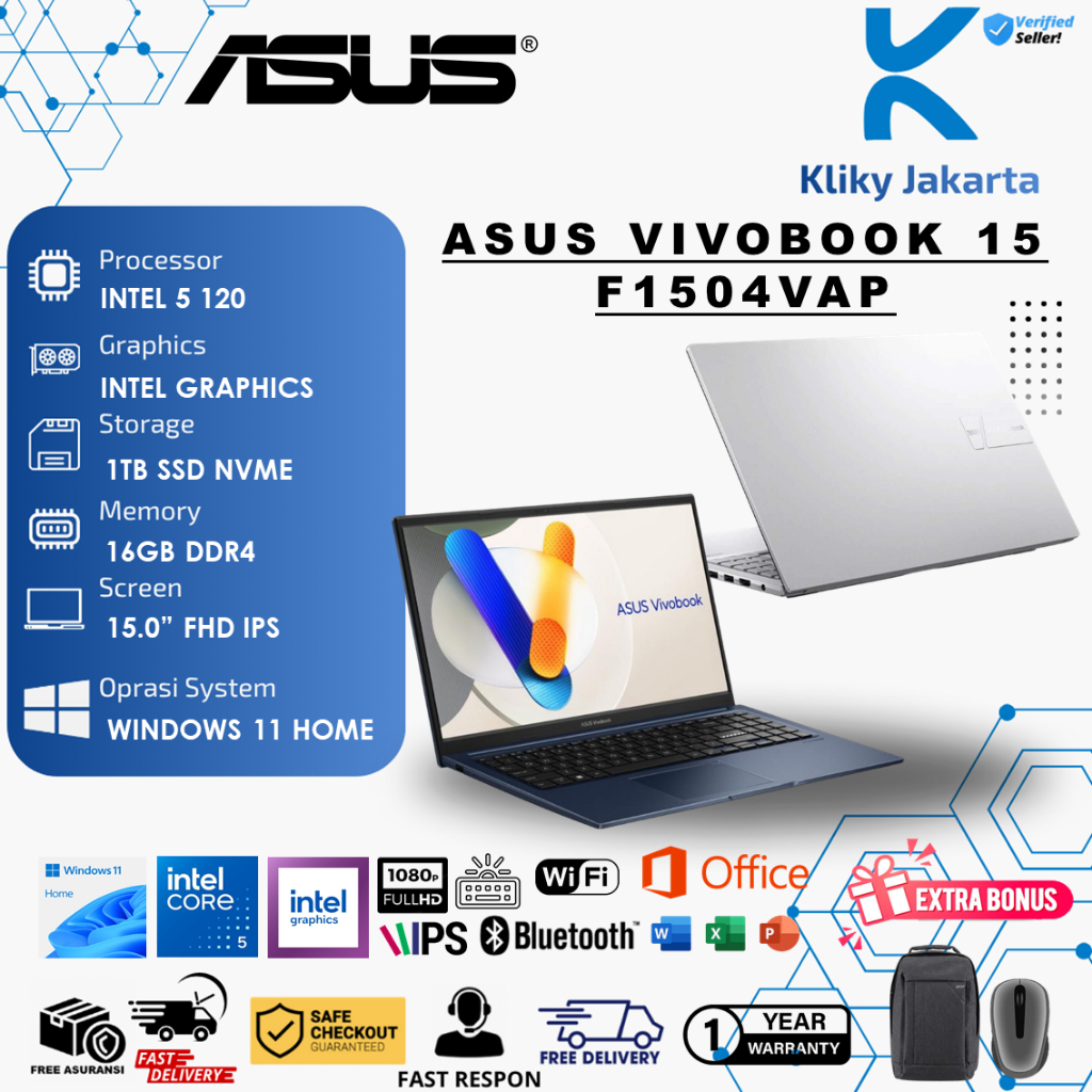 Laptop Asus Vivobook 15 F1504VAP Intel Core 5 120U 16GB 1TB 15.0FHD IPS Windows 11 Home
