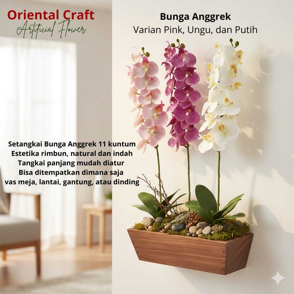 OC Artificial Flower Orchid 11 Kepala Bunga Anggrek Dekorasi Tanaman Hias Sudut Ruangan Gantung Dind