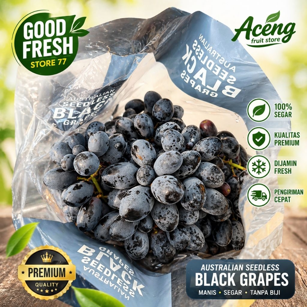 Buah anggur hitam manis tanpa biji anggur black import super sweet 500 gram