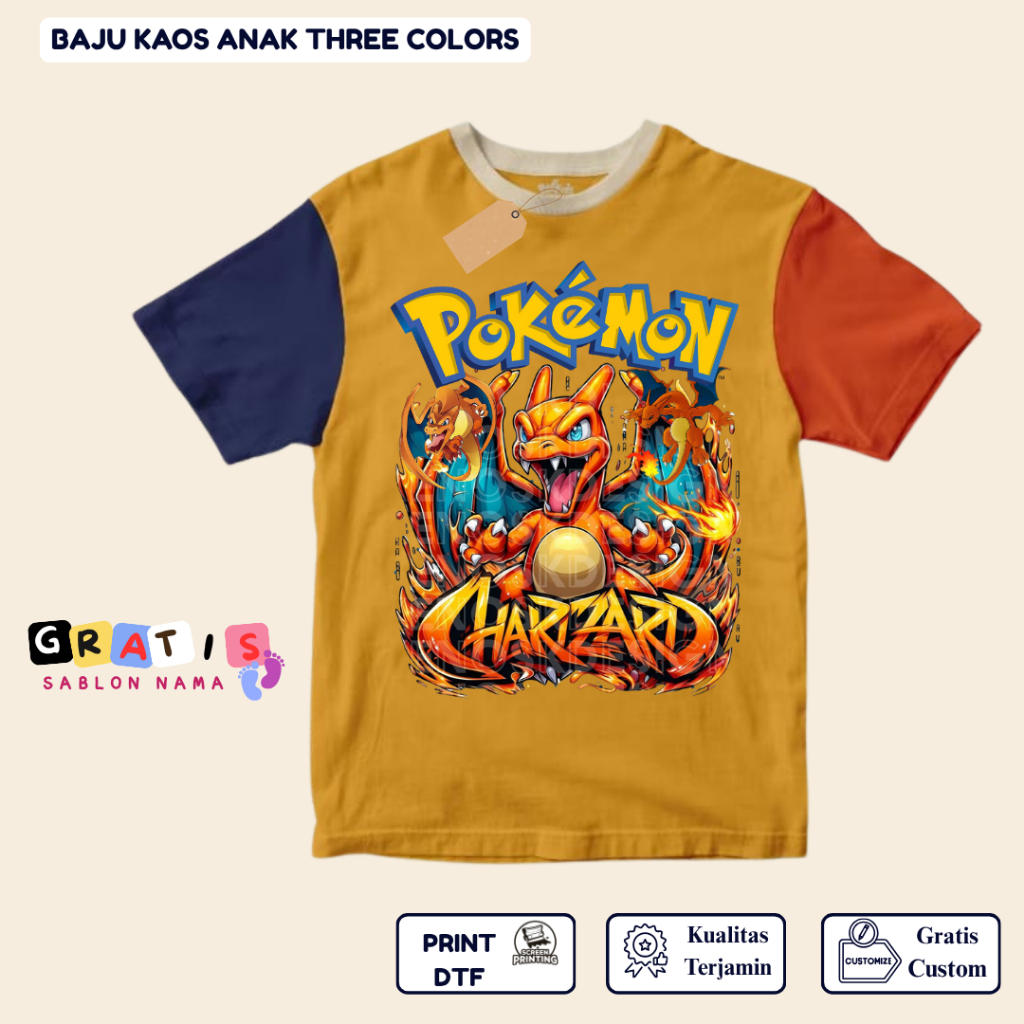 shabira tas  - Kaos Anak POKEMON CHARIZARD  - Kaos Anak Pendek Three Colors Dino - Kaos Anak Sablon 