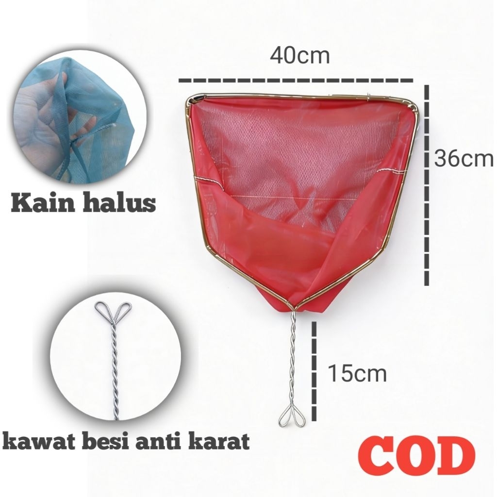 Serokan seser Ikan 40cm - Pegangan Stainless, Bahan Kain Halus, Aman untuk Ikan