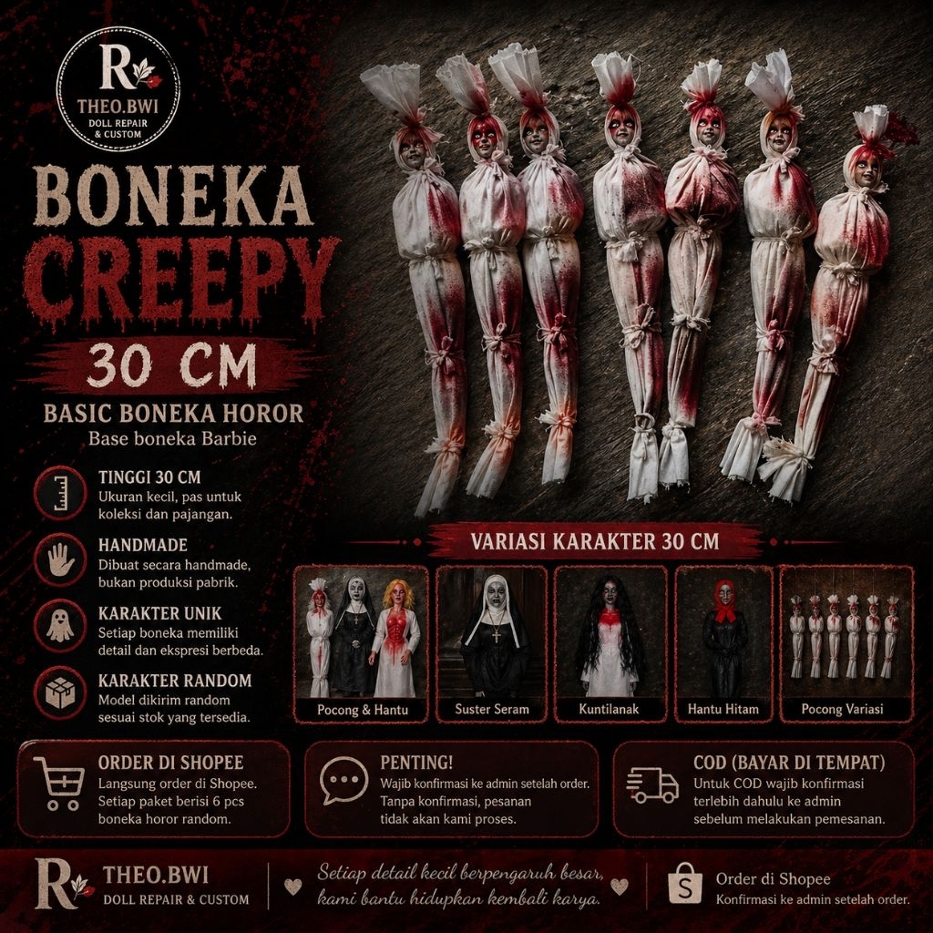 Boneka Seram Horor creepy Koleksi 30cm (Pocong, Kuntilanak, dll) oleh Theo.bwi