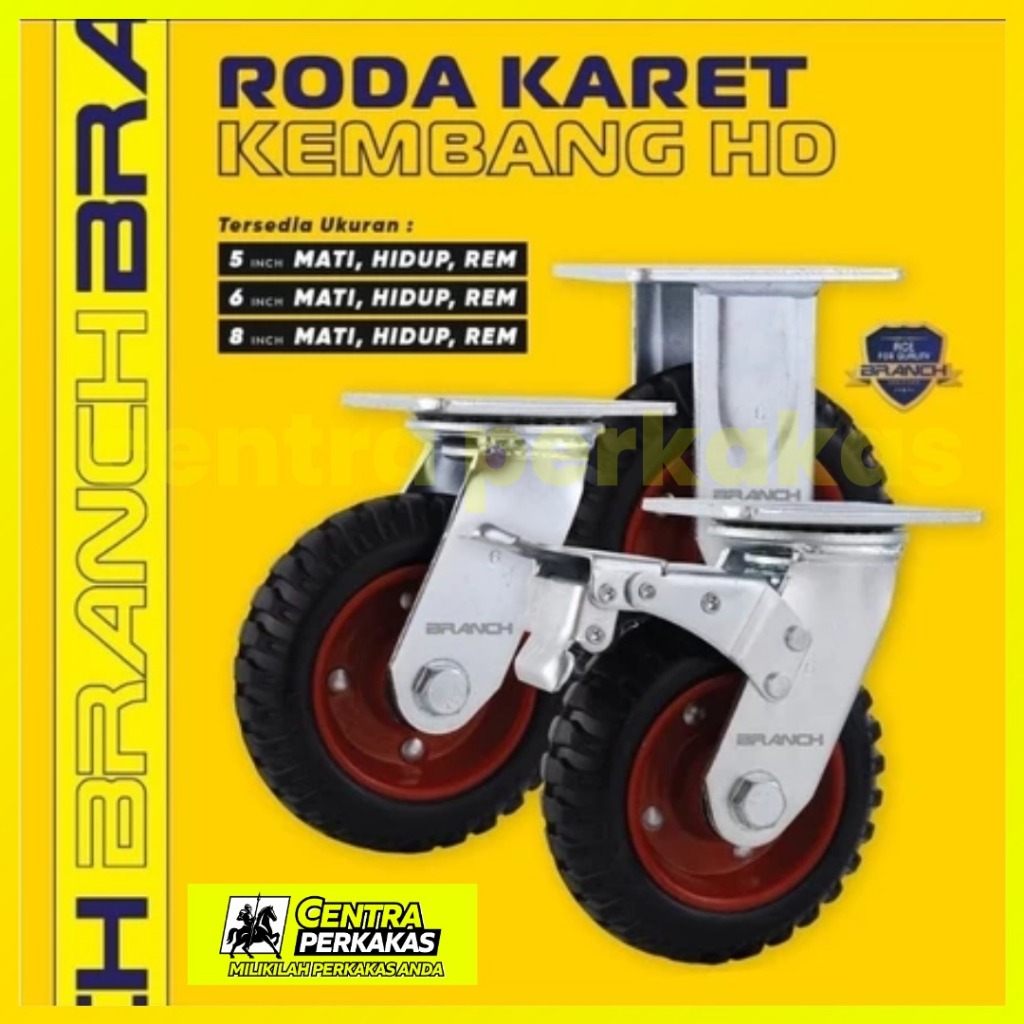 Branch Pneumatic Wheel Roda Ban Angin - Caster Hidup Mati Rem 5" 6" 8"