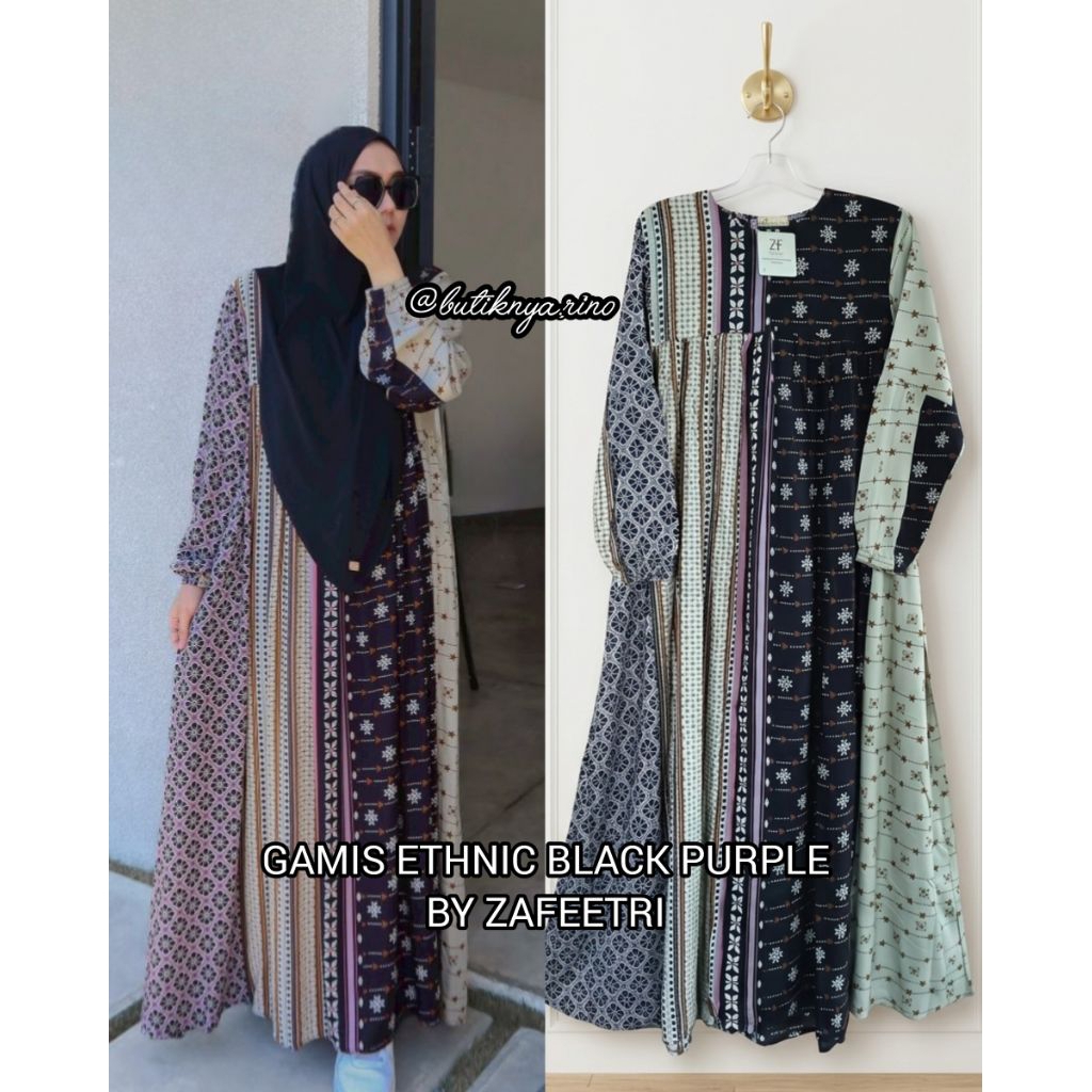 GAMIS BASIC ETHNIC BLACK PURPLE BY ZAFEETRI (GAMIS SAJA) // GAMIS SYARI MOTIF ETNIK