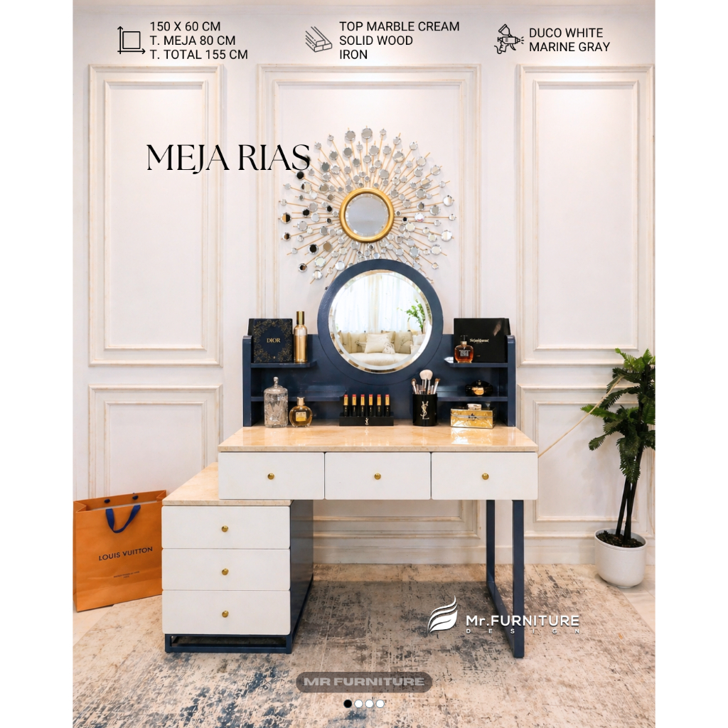 meja rias kaki besi laci 6 top marmer krem uk 150x60x80x155 cm