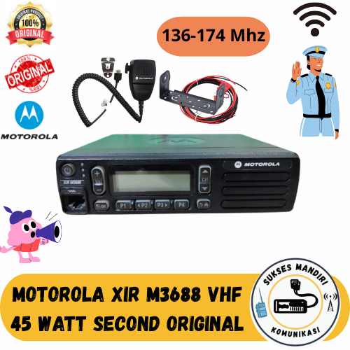 RADIO RIG MOTOROLA XIR M3688 VHF 136 174 MHZ 25 WATT SECOND ORI LENGKAP MIC KABEL DC BREKET