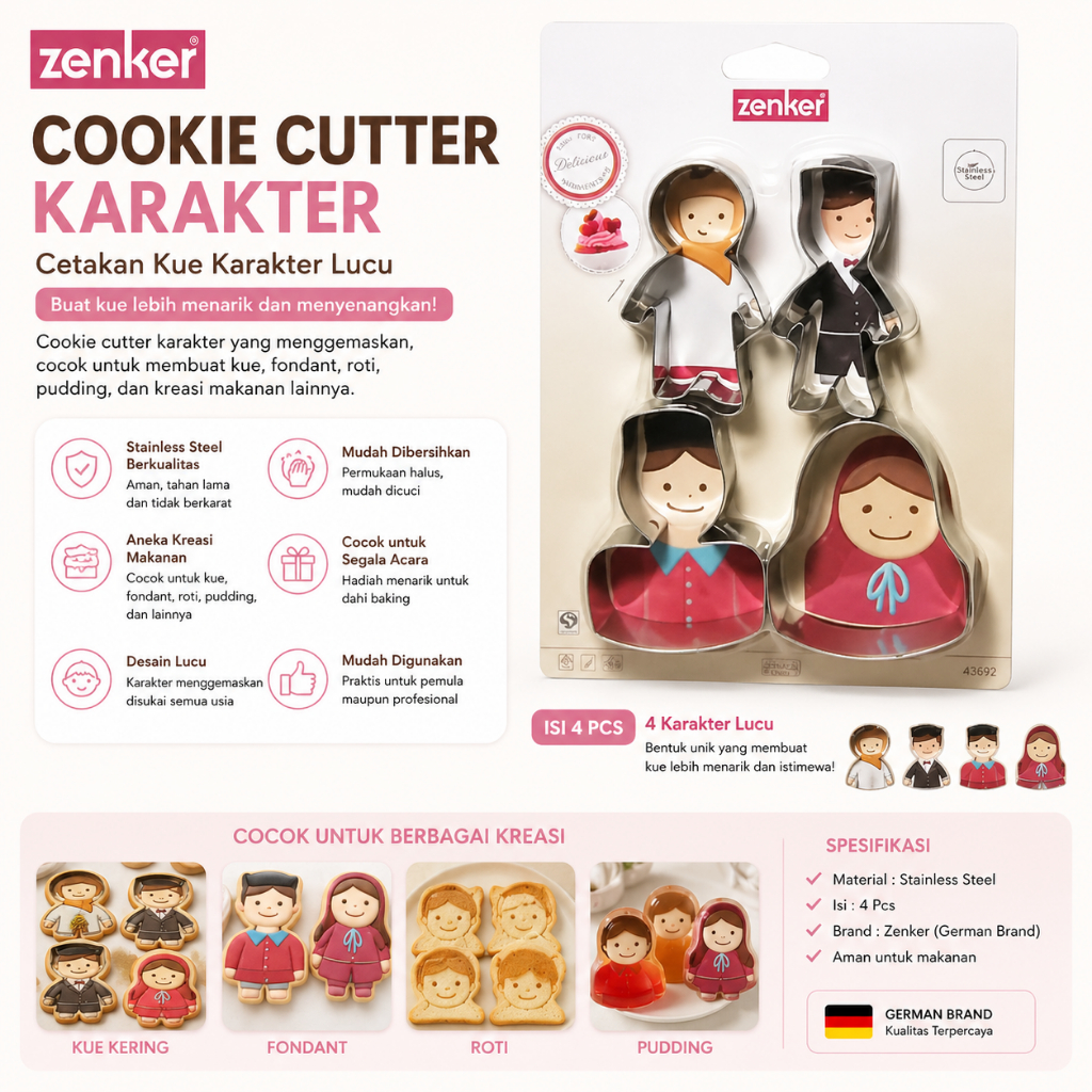 Cetakan Kue Kering Set Isi 4 Kue Kering Cookies Cutter Cetakan Roti Aneka Bentuk Lucu Zenker Pemoton