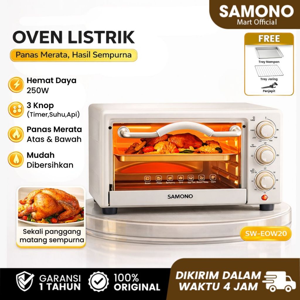 SAMONO Oven Listrik Low Watt 20 Liter Elektrik 3 Knob Control Api Atas Bawah Pemanasan Merata SW-EOW