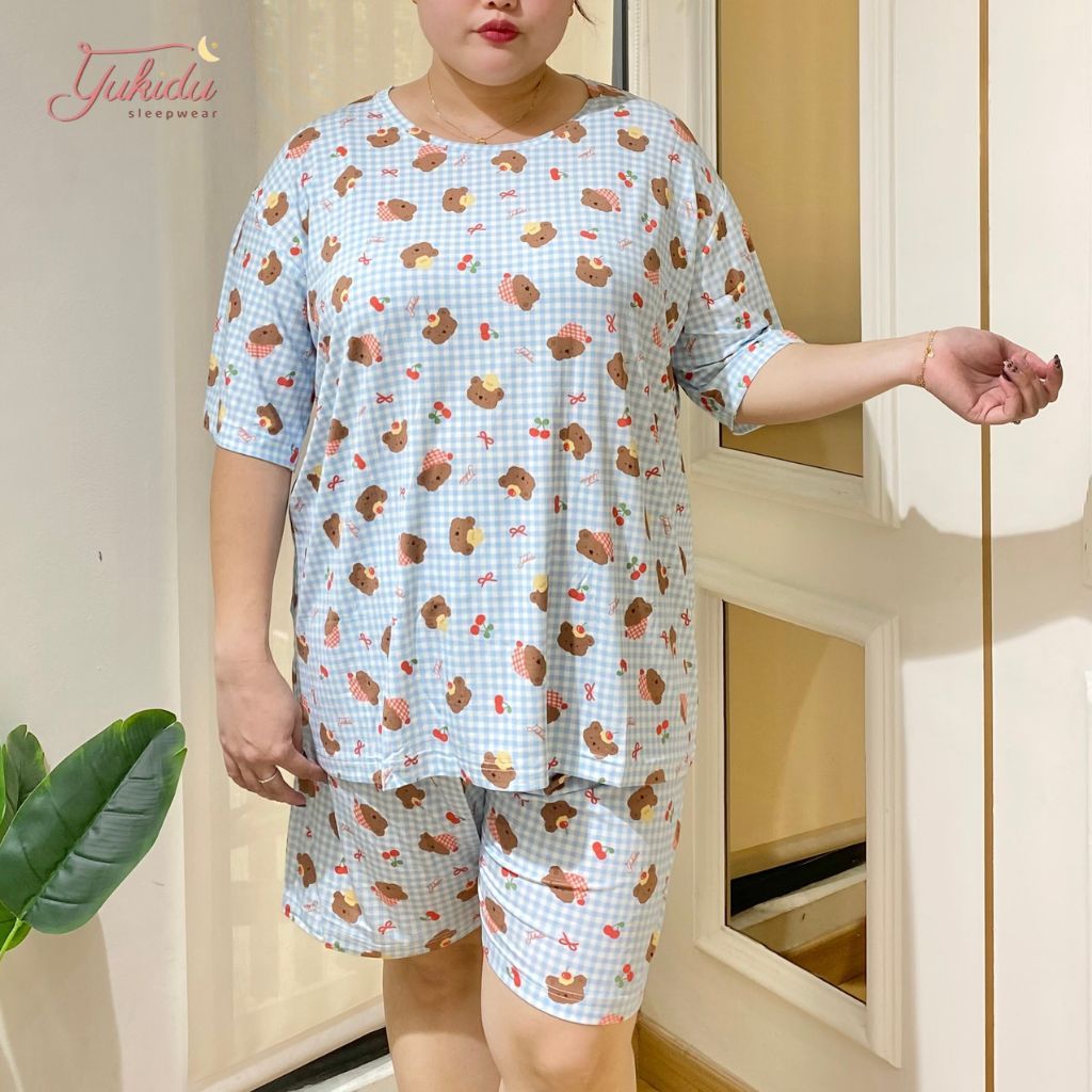 Yukidu Sleepwear Setelan Piyama Big Size Bear Kotak Blue Bamboo Organik