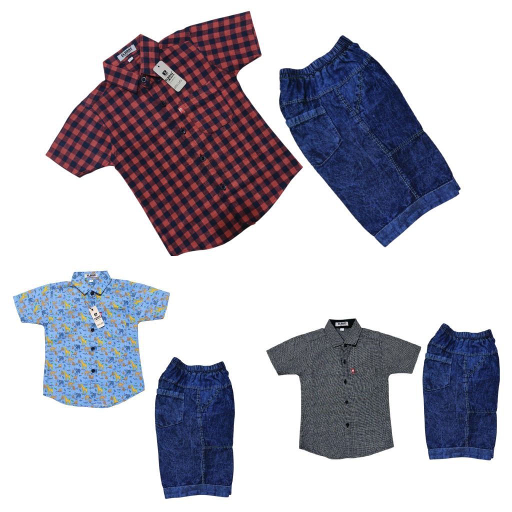 Ootd kemeja balita Fashion hem anak Celana jeans pendek baju anak laki-laki Usia 4 bulan - 5 tahun S