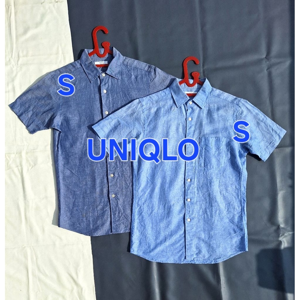 Baju Kemeja UNIQLO Lengan Pendek Button Down Formal Casual Katun Linen Kotak Polos Abu Putih Biru Pr