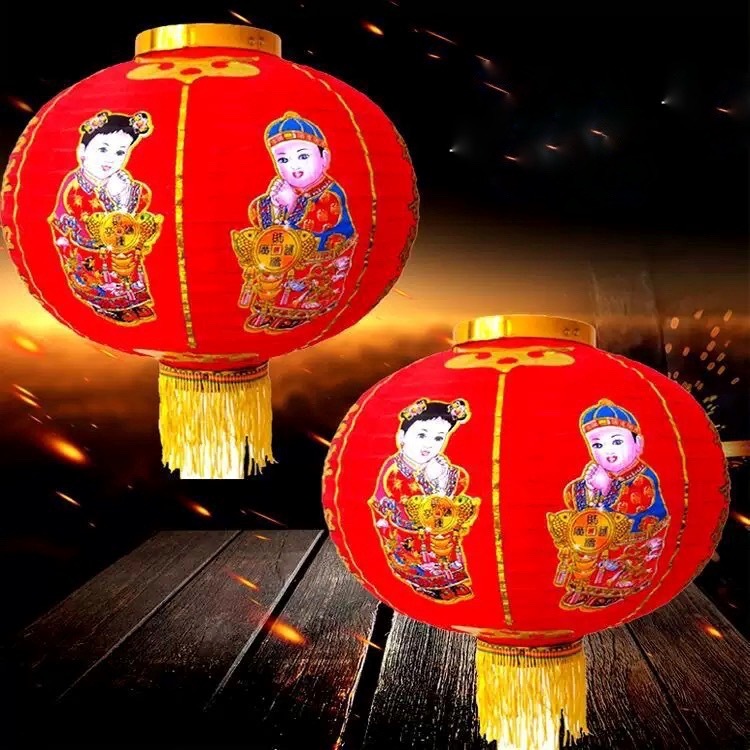 Lampion Imlek Kain Sutra Motif Anak List Gold Lentera Gantung Dekorasi Tahun Baru Cina Lantern Berku