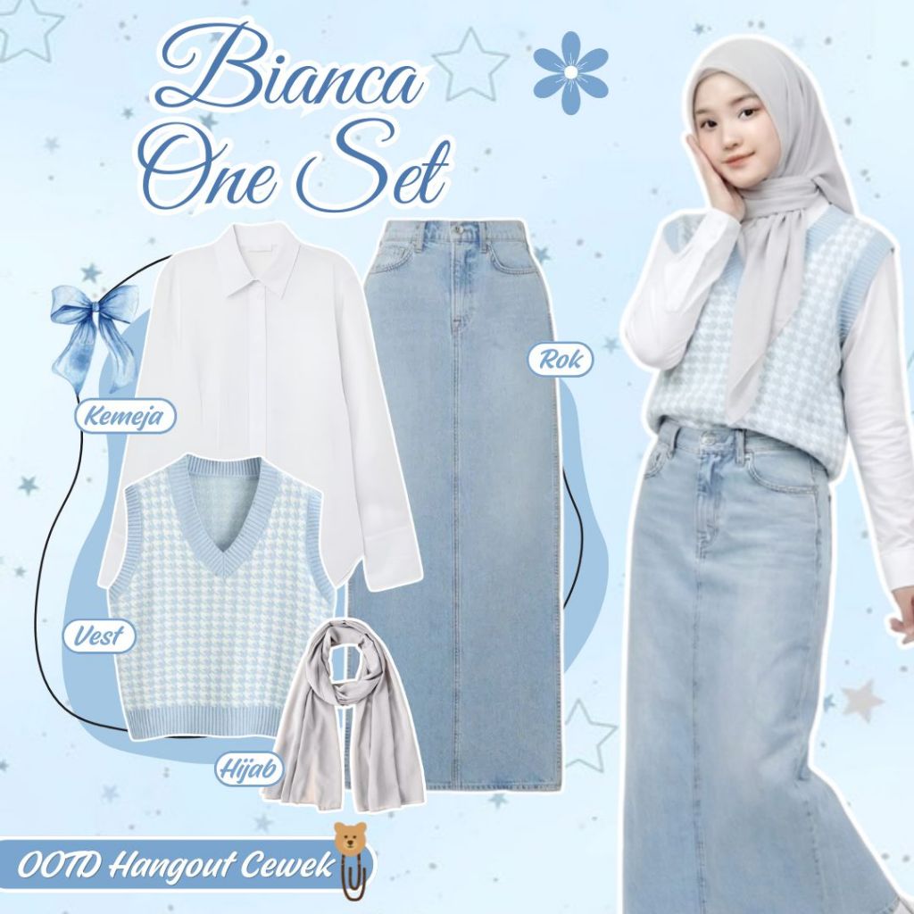 Outfit Remaja Kekinian ( Kemeja Putih Cewek + Vest Rajut Korea + Rok Jeans Span ) OOTD Hijab Casual