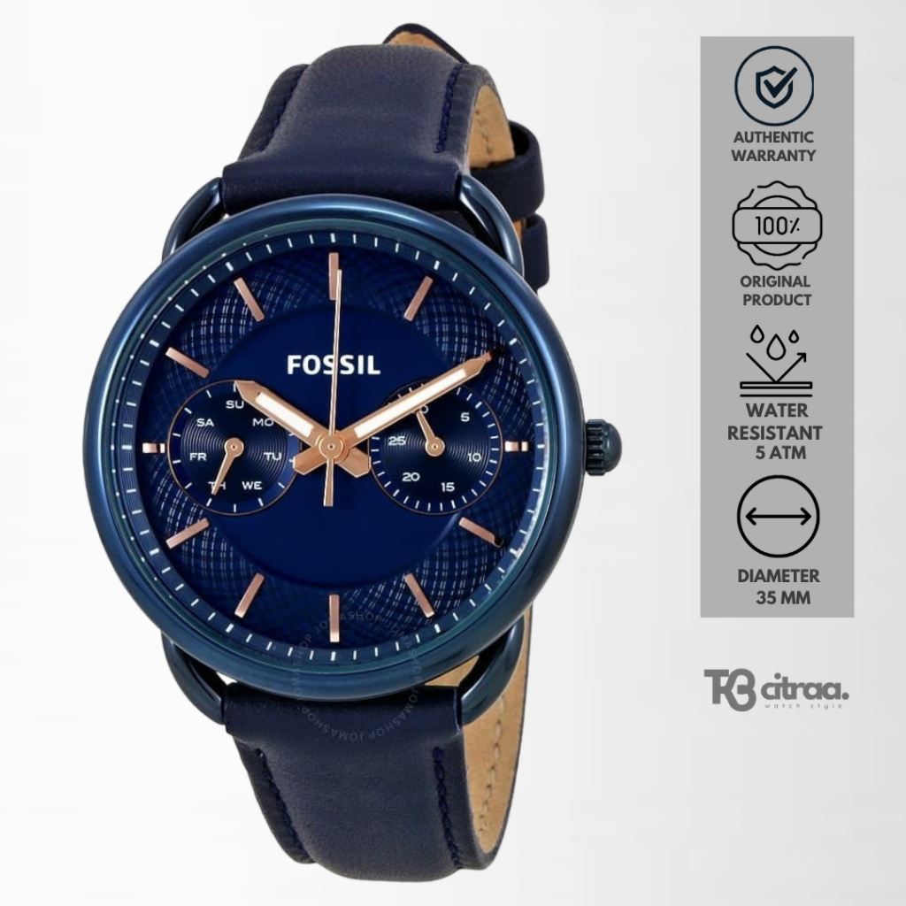 Jam Tangan Wanita Fossil Tailor Chronograph Kulit Blue Casual Original ES4092