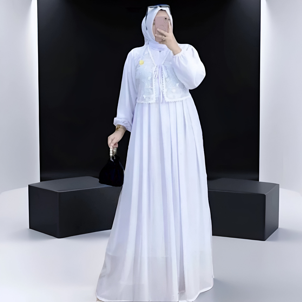 Mustika Colections Gamis Ceruty Babydoll Premium Mix Rompi Brokat Full Furing Warna Putih | Gamis  M