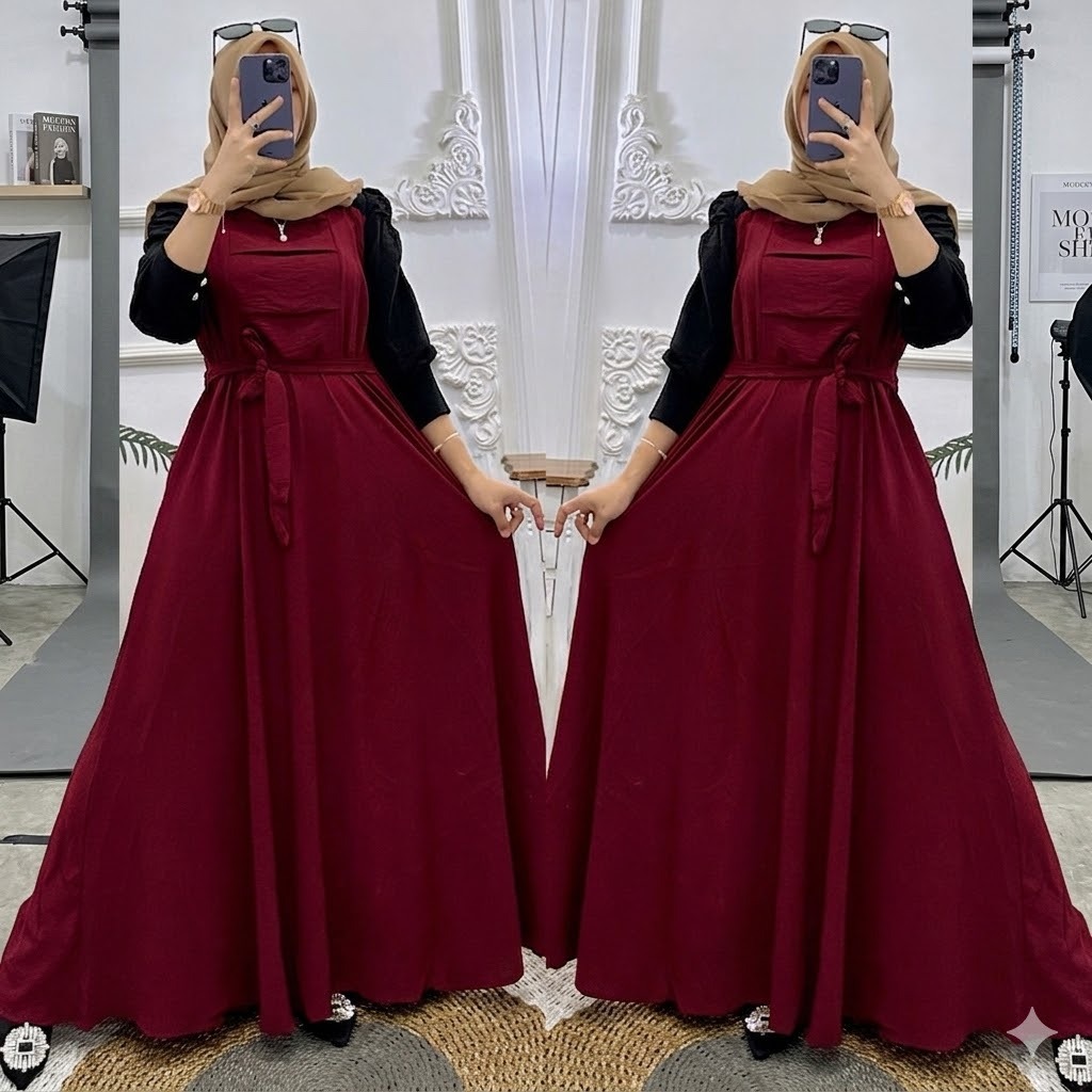 Gamis marun Terbaru 2026 Adera Dress Crinkle Airflow Kombinasi | Dress Muslim Wanita Modern Size M, 
