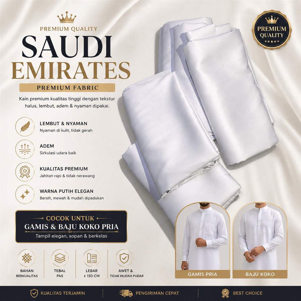 Kain Bahan Saudi Korea//Saudi Import//Kain Haramain//Royal HMT//Khusus Putih DAN HITAM