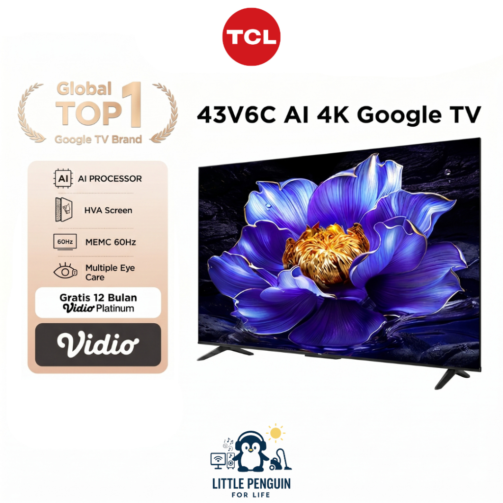 TCL AI 4K Google TV 43 inch V6C - MEMC - HDR 10 - HVA Panel - Dolby Audio - Google Play/Netflix/Yout