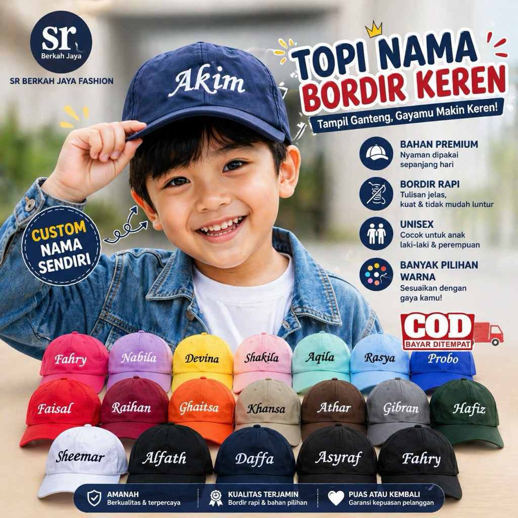 CUSTOM NAMA Topi Anak 2-10 Tahun dan Dewasa FREE BORDIR NAMA