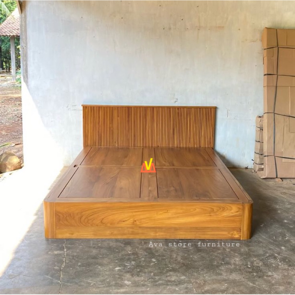 Ranjang Kayu Jati Solid Minimalis + Laci Penyimpanan Besar Dipan Double
