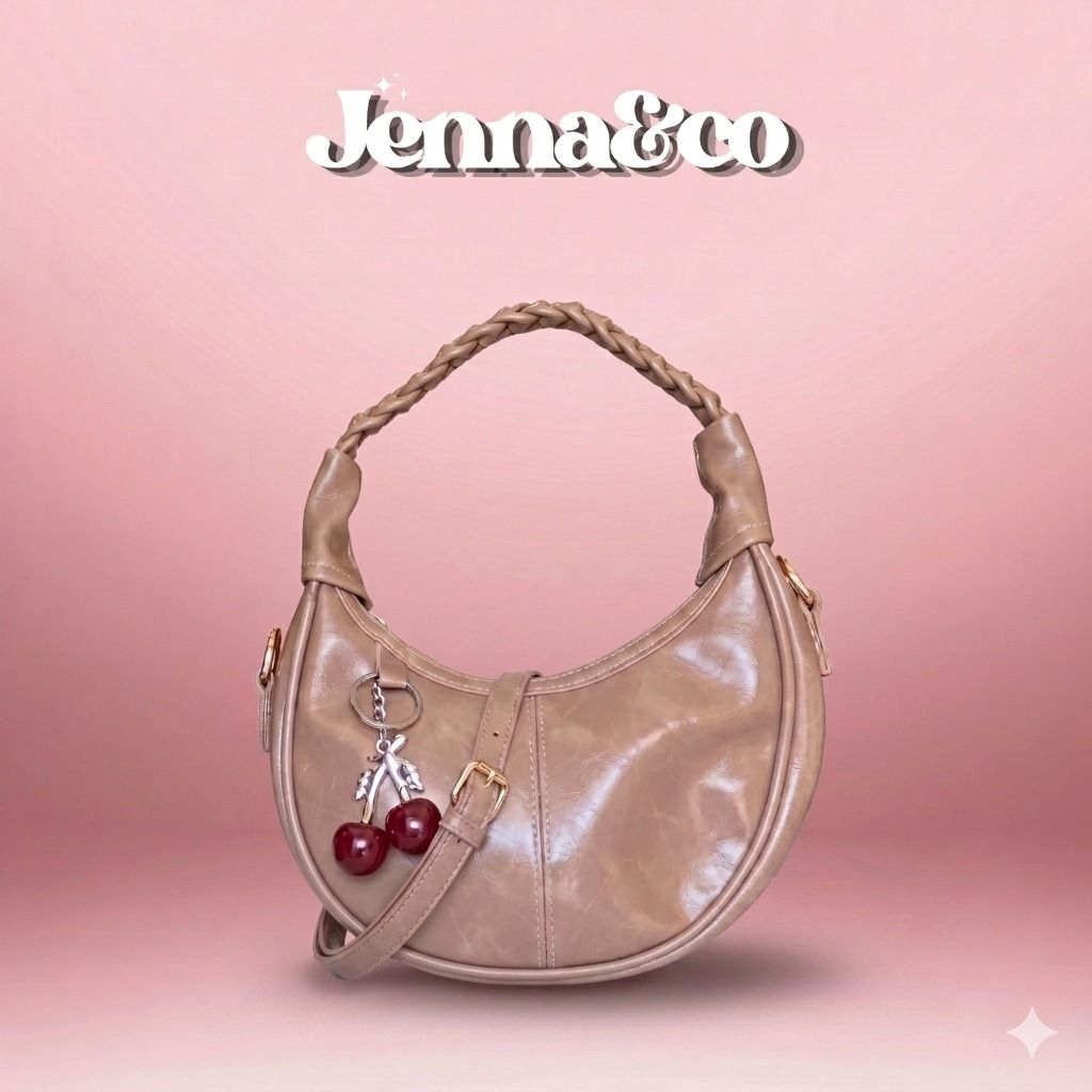 Jenna Fashion - Tas Selempang Wanita Hobo Bag Cherry Charm - Tas Bahu Tali Kepang Kekinian - Tas Wan