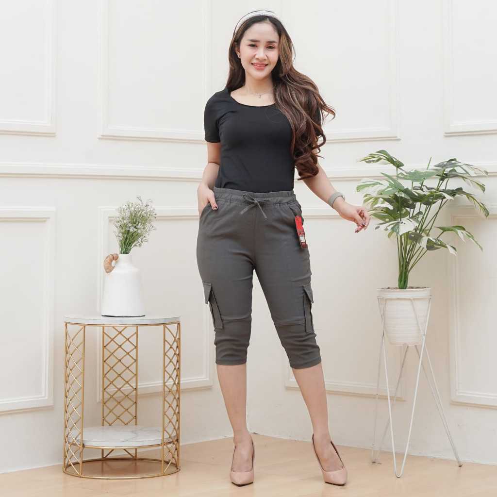 Celana Pendek Cargo - Celana Cargo Wanita 7/8 Soft Jeans Stretch - Bahan Otomen Tebal Halus & Nyaman