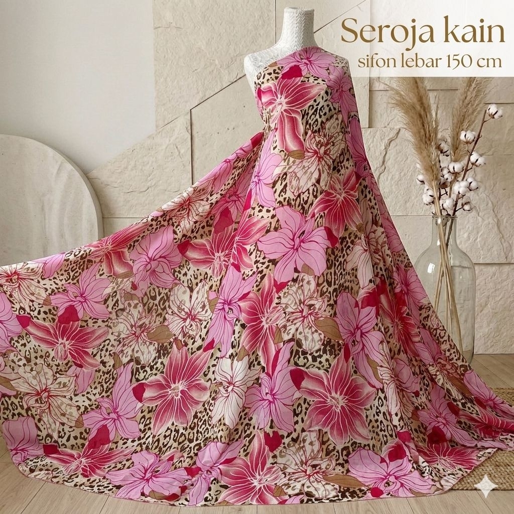 Kain Ceruti Motif Bunga Floral Pink Mix Leopard | Bahan Sifon Ceruty Premium Print | Lebar 150cm Crt