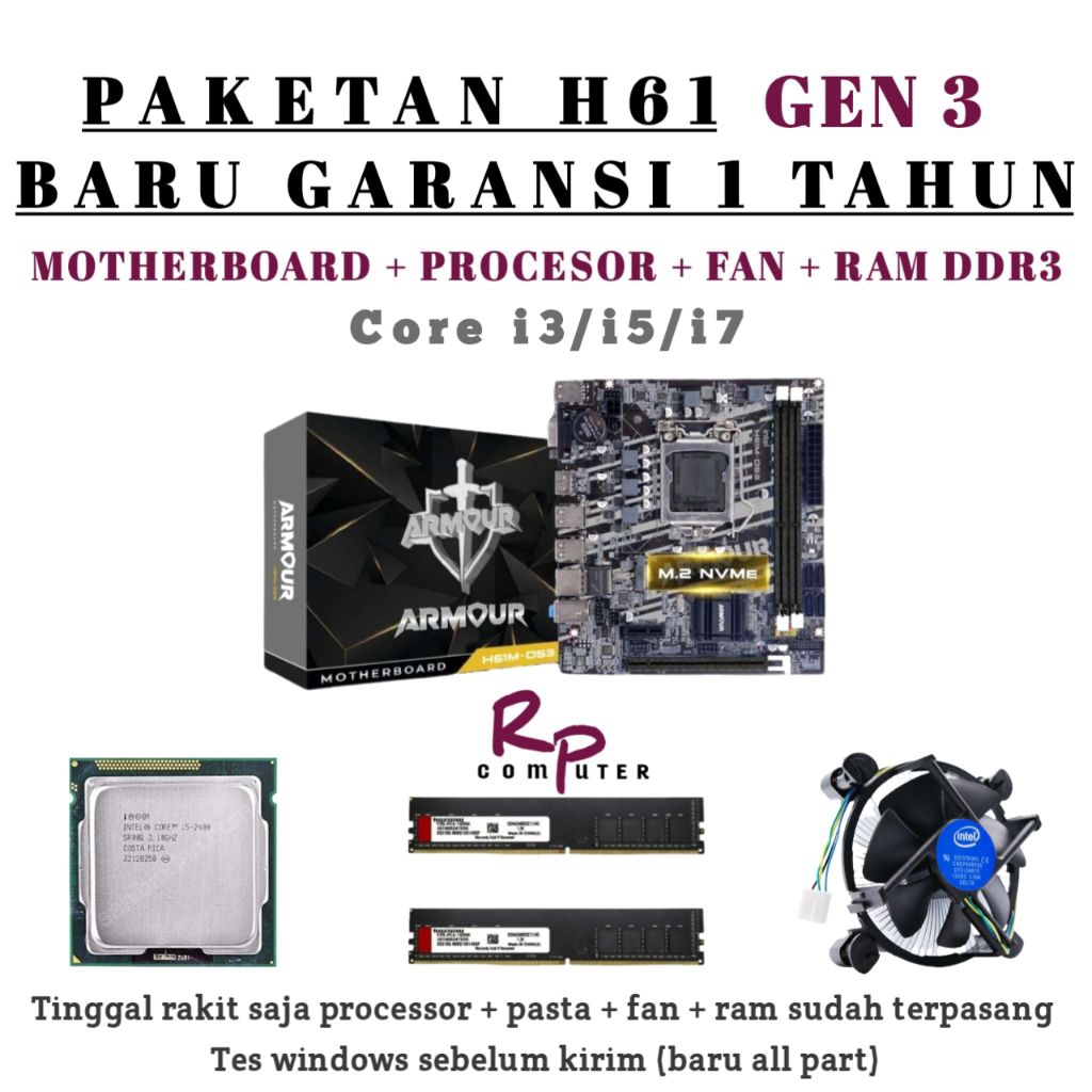 Paketan gen3 BARU core i7 / i5 / i3 + Mobo H61M ARMOUR + Ram Ddr 3 + fan Cooler