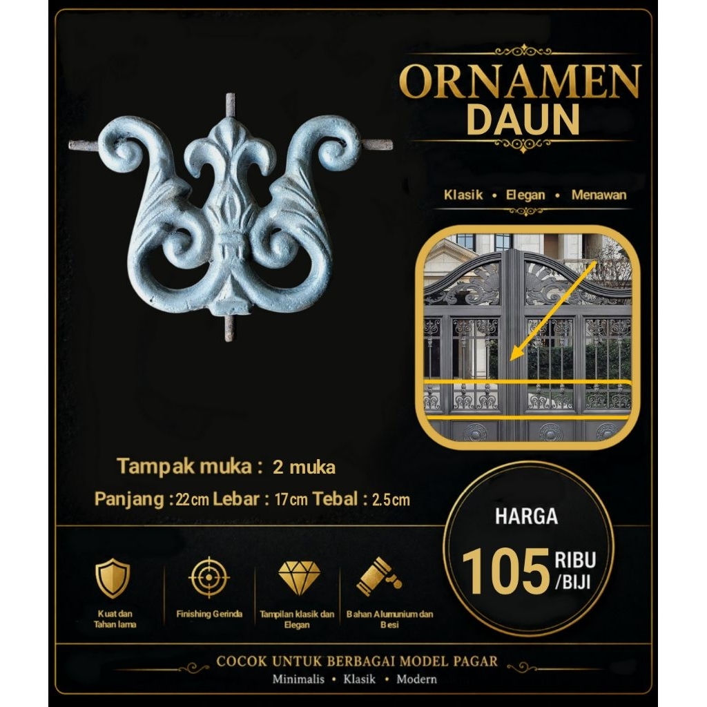 Ornamen Pagar Daun Klasik 2 Sisi | Besi Tempa & Aluminium | Hiasan Gerbang Minimalis Elegan