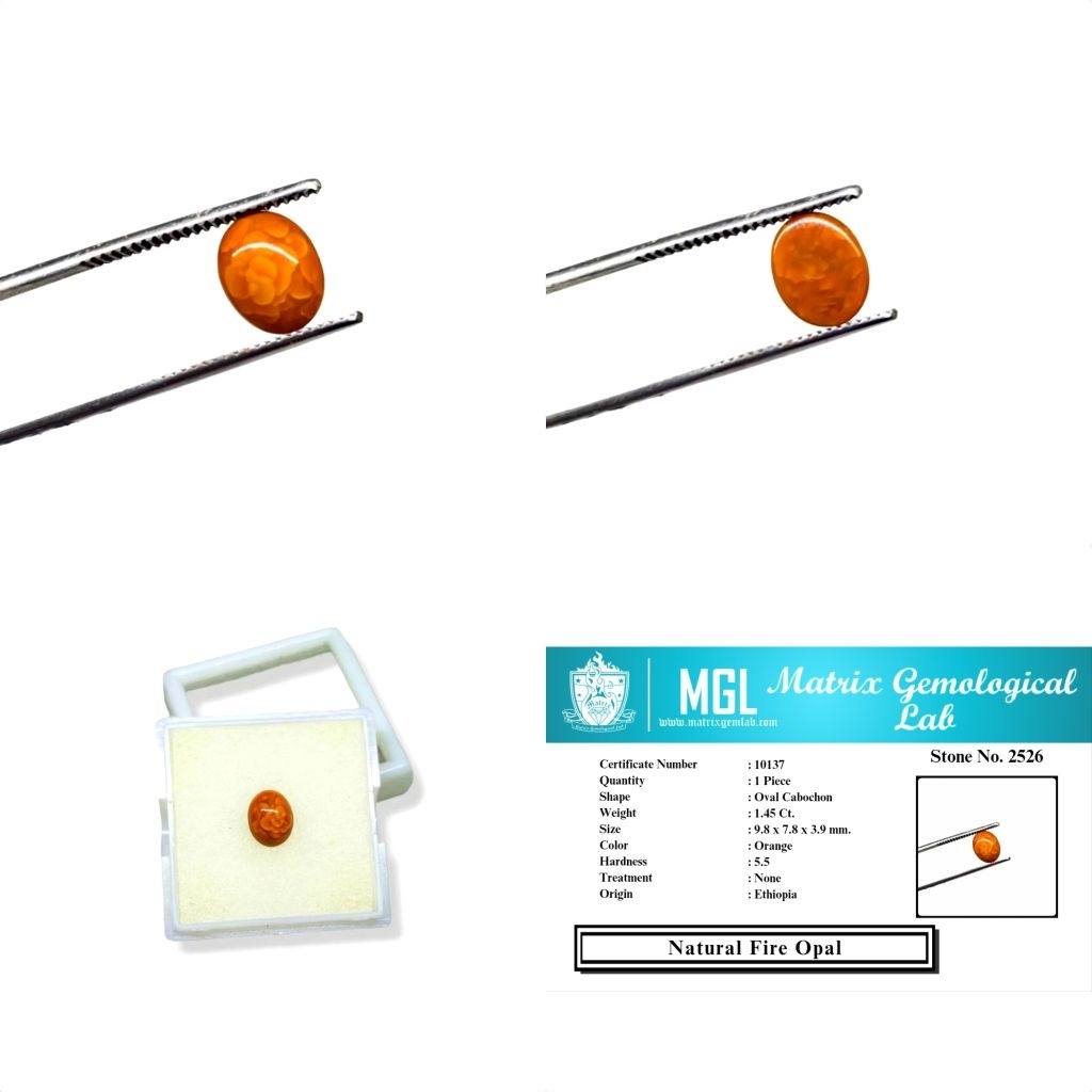 1.45 Ct. Natural Orange Fire Opal Ethiopia Gemstone Sertifikat Internasional